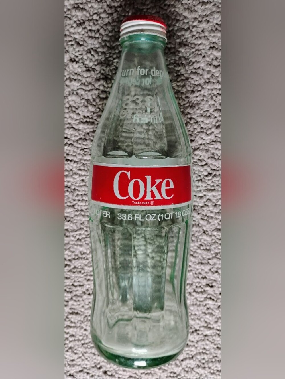 Vintage Coca Cola Classic Red Cap on Green-Tinted Glass 1 Liter 33.8 oz Bottle